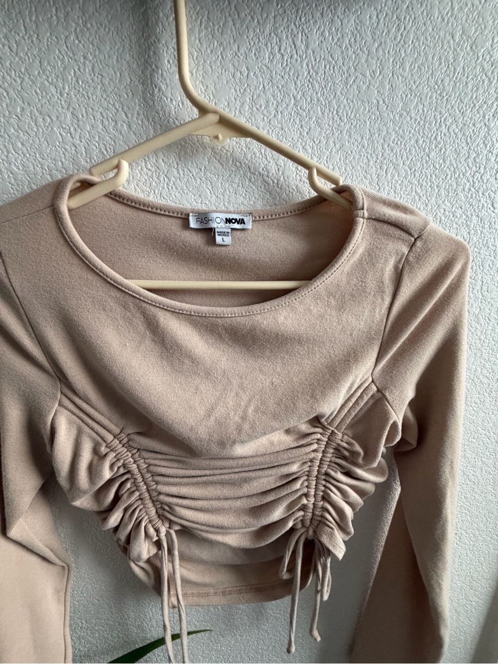 Fashion Nova Taupe Ruched Long-Sleeve Crop Top